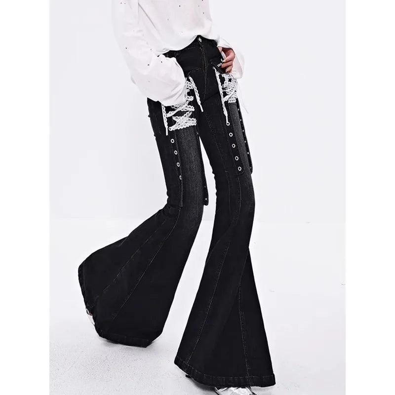 European White Y2k Lace Strap Micro Flared Jeans for Women Hot Girls Street Low Waist Slim Fit and Slimming Floor Length Pants