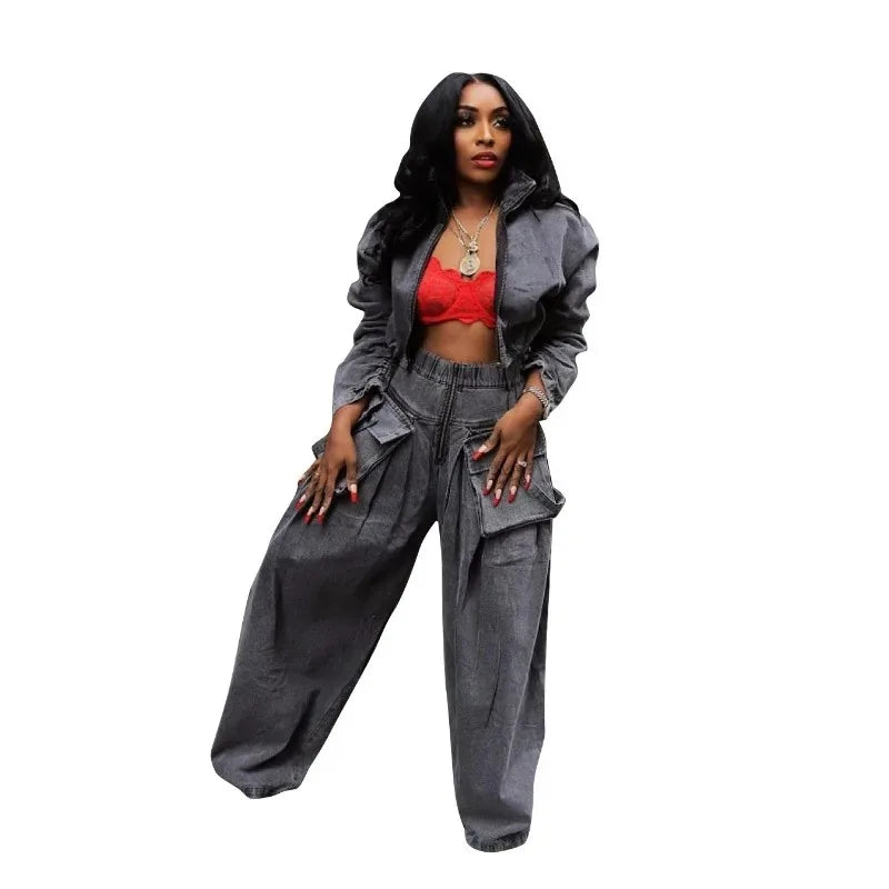 Casual Loose Denim Two Piece Set for Women Streetwear 2023 Autumn Zipper High Collar Crop Top Elastic Waist Wide Leg Cargo Pants