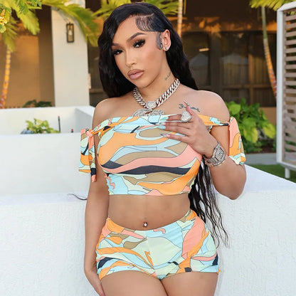 Joskaa Colorful Print Beach Style 2 Piece Sets Women Swimsuit Sexy Tube Tops and Shorts Matching 2025 Summer Bathing Suit
