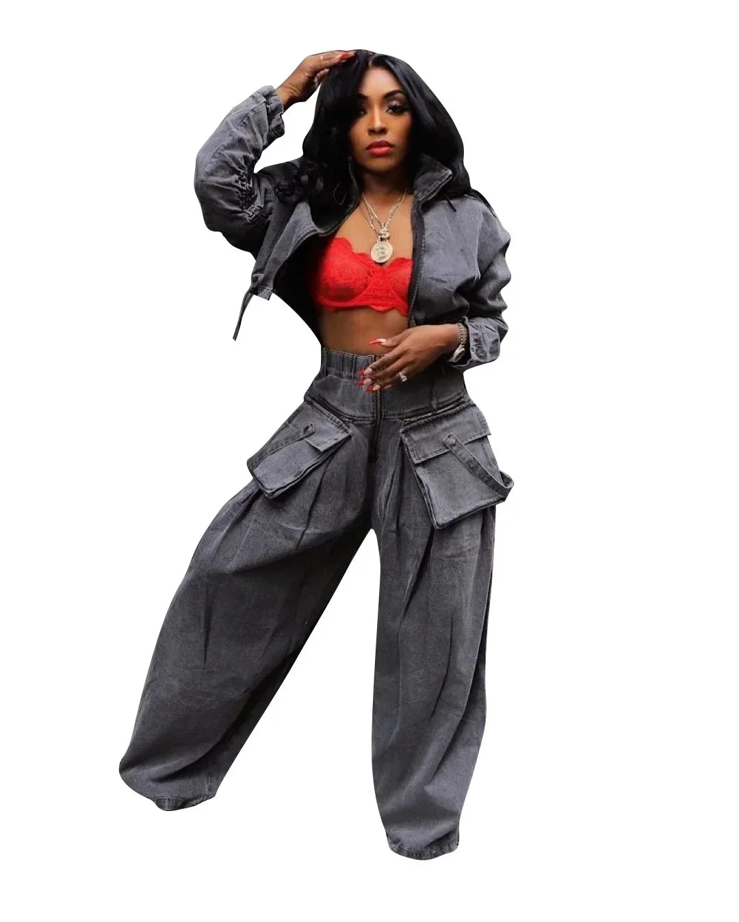 Casual Loose Denim Two Piece Set for Women Streetwear 2023 Autumn Zipper High Collar Crop Top Elastic Waist Wide Leg Cargo Pants