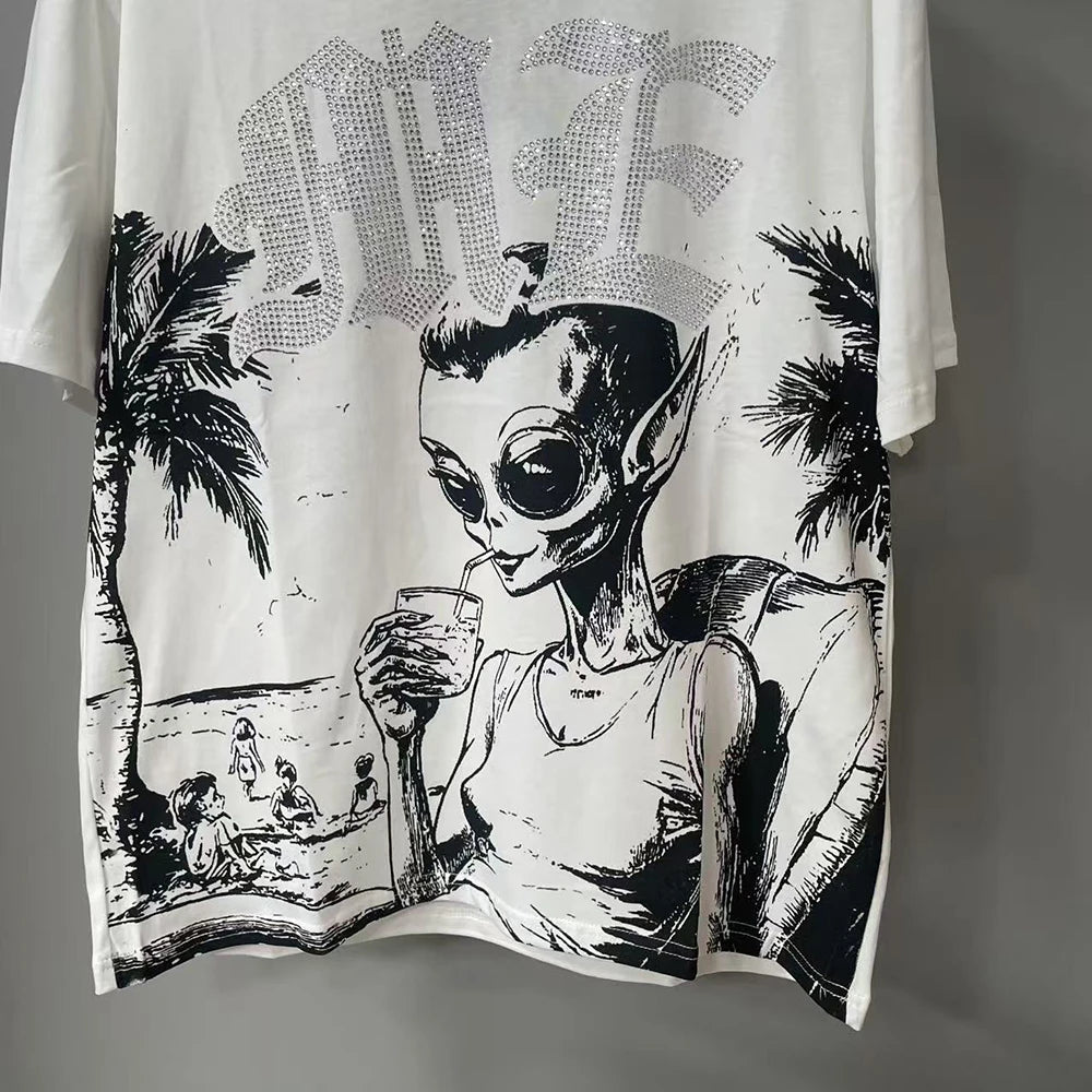 New Summer Letter Rhinestone Short Sleeve Black Mens Tshirts Streetwear Cotton Loose Round Neck Top Tees Oversized Unisex Tshirt