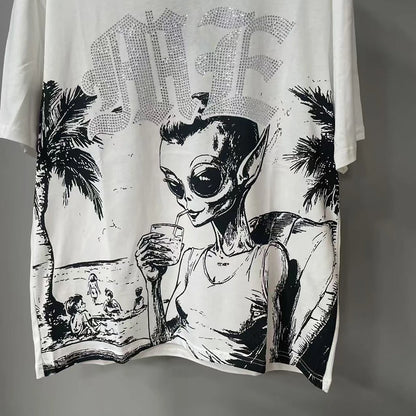 New Summer Letter Rhinestone Short Sleeve Black Mens Tshirts Streetwear Cotton Loose Round Neck Top Tees Oversized Unisex Tshirt