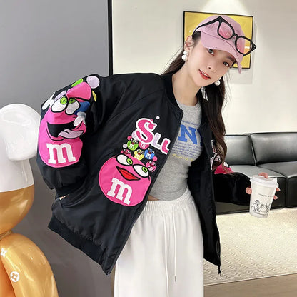 Cross-border Cartoon Embroidery Baseball Jacket For Men Women Casual Loose Fit Hip Hop Top Spring Autumn Letter Couple Jacket