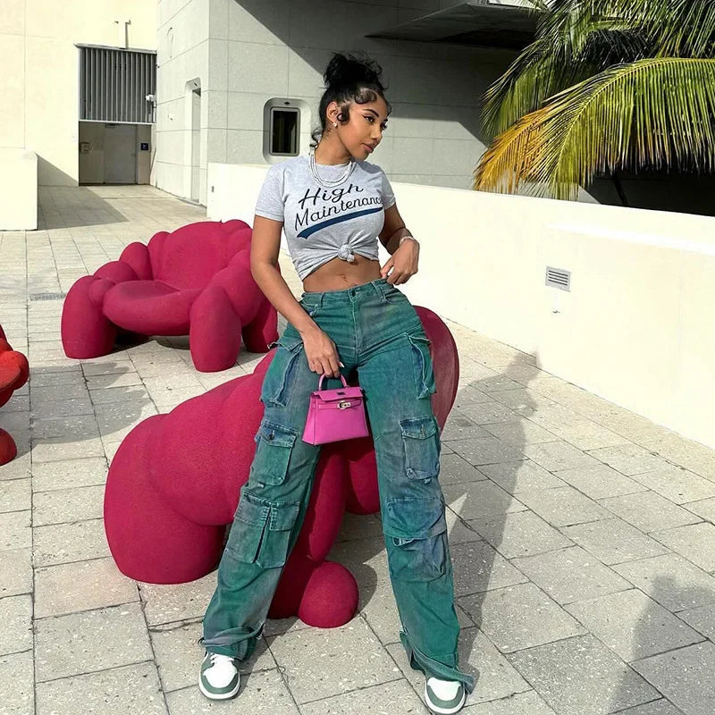 Solid Casual Baggy Cargo Pants for Women Youthful Female Trousers Multi-pocket Fashion Vintage Women's High Waist Wide Pants