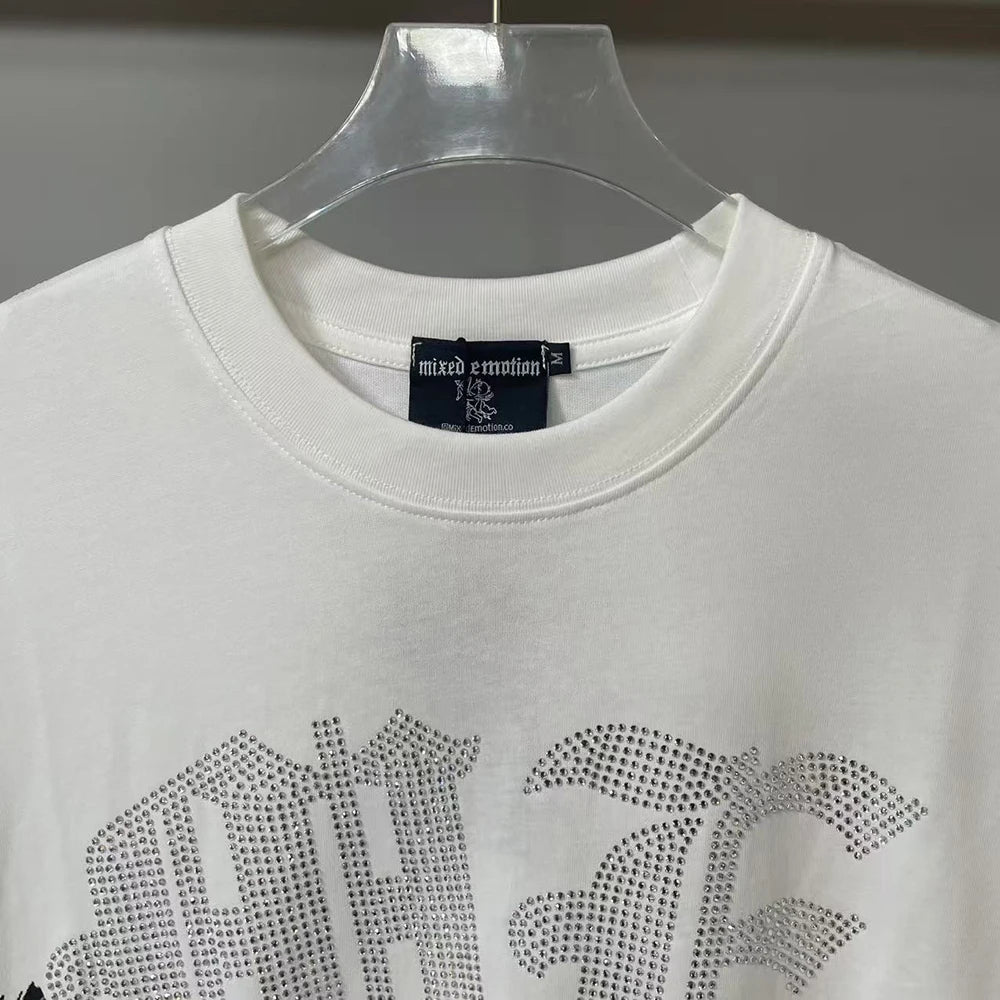 New Summer Letter Rhinestone Short Sleeve Black Mens Tshirts Streetwear Cotton Loose Round Neck Top Tees Oversized Unisex Tshirt