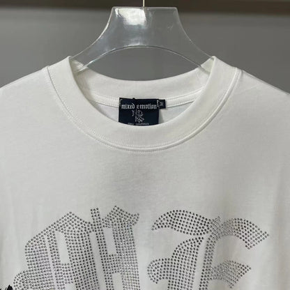 New Summer Letter Rhinestone Short Sleeve Black Mens Tshirts Streetwear Cotton Loose Round Neck Top Tees Oversized Unisex Tshirt
