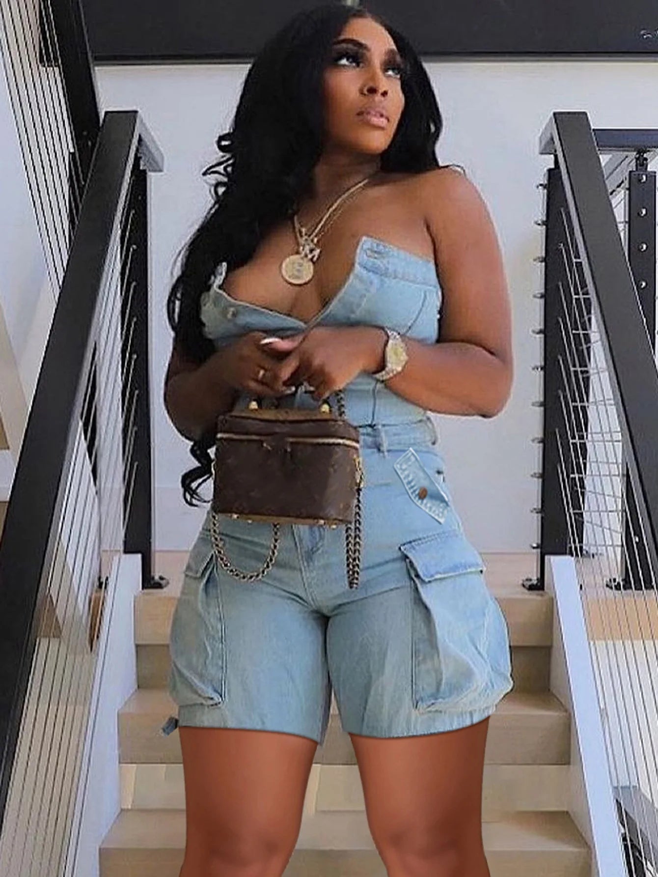 FAGADOER Fashion Cargo Pocket Patchwork Denim Romper Women Button Backless Sleeveless Jumpsuit Female Streetwear Overalls 2025