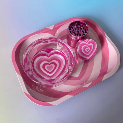 3 Pieces Love Heart Metal Herb Grinder and Rolling Tray Ashtray Combo