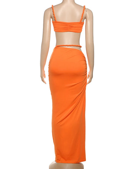 Weird Puss Bandage Ruched 2 Piece Set Women Square Collar Bra+Skinny Long Skirts 2025 Summer Vacation Beach Party Trend Suits
