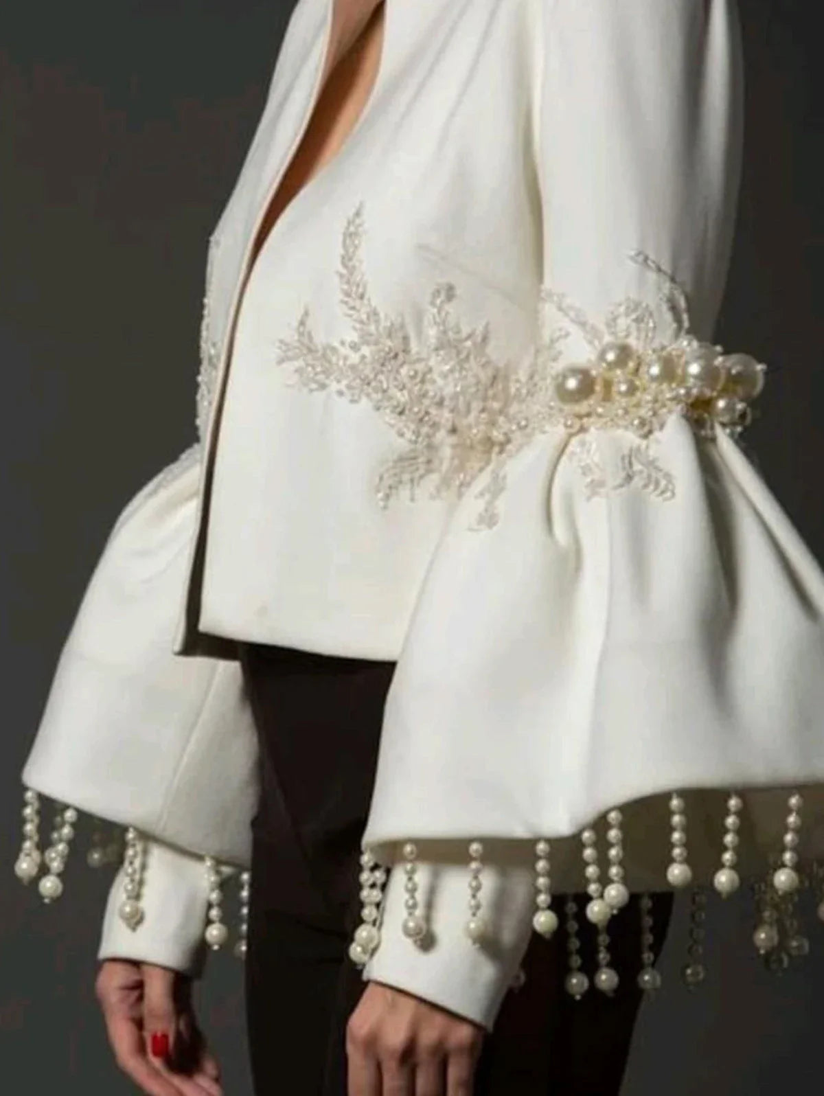 Women Pearl Tassel Jacket Fashion Elegant Stand Collar Pearl Fringed Decor Embroidery Flare Sleeve Coat Autumn Winter Outwear