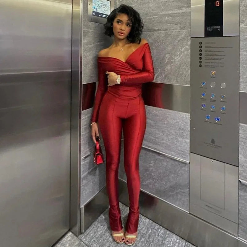 Simenual Casual Skinny Women Two Piece Set Sexy Deep V Crop Tops High Waist Pants Cyber Y2K Outfits Slim Co Ord Suits Streetwear