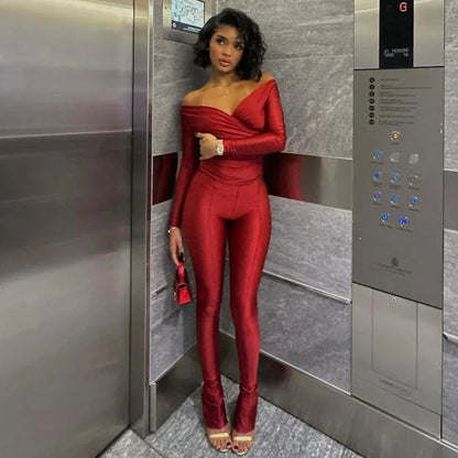 Simenual Casual Skinny Women Two Piece Set Sexy Deep V Crop Tops High Waist Pants Cyber Y2K Outfits Slim Co Ord Suits Streetwear