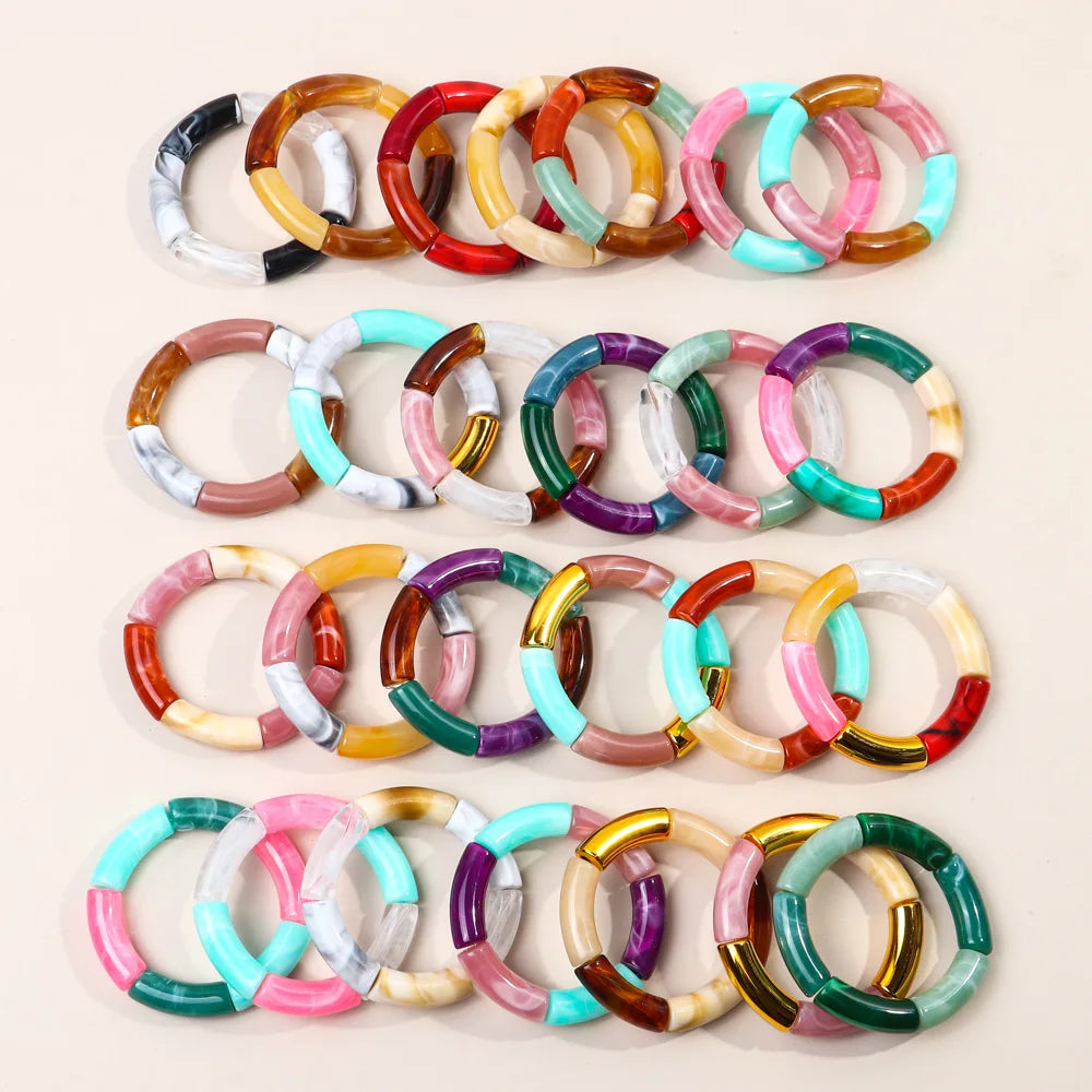 FishSheep Trendy Acrylic Stacked Bamboo Beads Bangles Bracelets for Women Bohemian Resin Elastic Beaded Bracelets Set Jewelry
