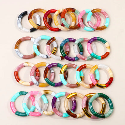 FishSheep Trendy Acrylic Stacked Bamboo Beads Bangles Bracelets for Women Bohemian Resin Elastic Beaded Bracelets Set Jewelry