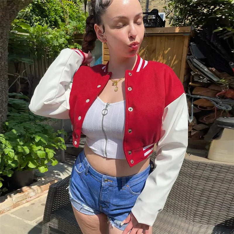 Women Crop Vintage Varsity Jacket Faux Leather Patchwork Long Sleeve Button Down Bomber Jackets Casual Baseball Jersey Jackets