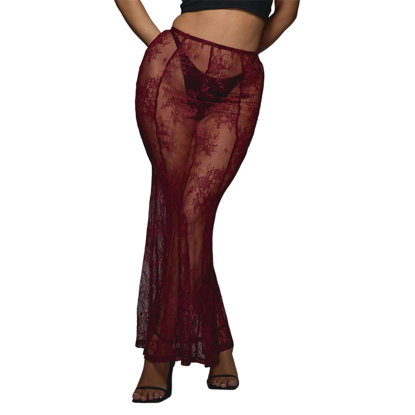 Women's Summer Sheer Lace Skirt Trendy Long Cocktail Skirt for Bar, Beach, Party