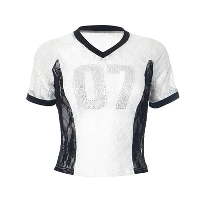 CUTENOVA 2025 Spring And Summer New Letters V Neck Rhinestone American Lace Color Collision Patchwork Top T-Shirt Streetwear