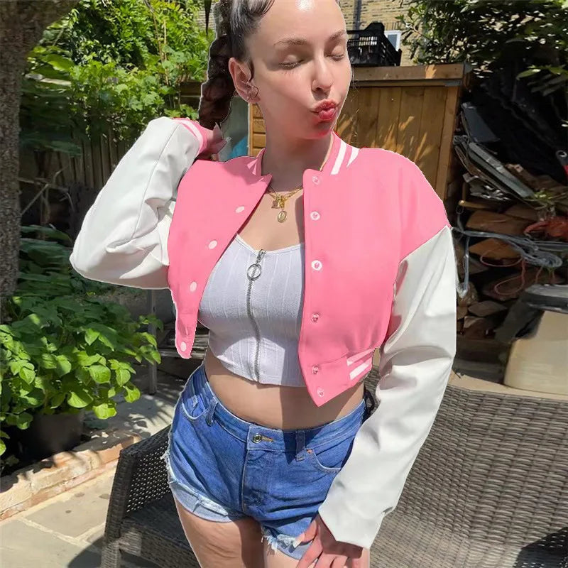 Women Crop Vintage Varsity Jacket Faux Leather Patchwork Long Sleeve Button Down Bomber Jackets Casual Baseball Jersey Jackets