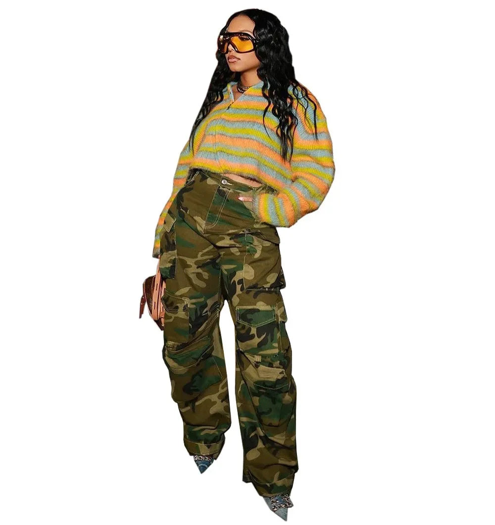 Solid Casual Baggy Cargo Pants for Women Youthful Female Trousers Multi-pocket Fashion Vintage Women's High Waist Wide Pants