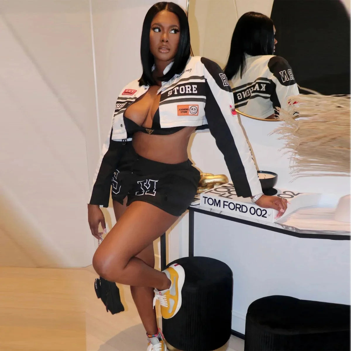 HLJ Letter Print Two Piece Outfits 2023 Autumn Winter Casual Sporty Baseball Coat Skirts Suits Detachable Buttons Y2k Streetwear