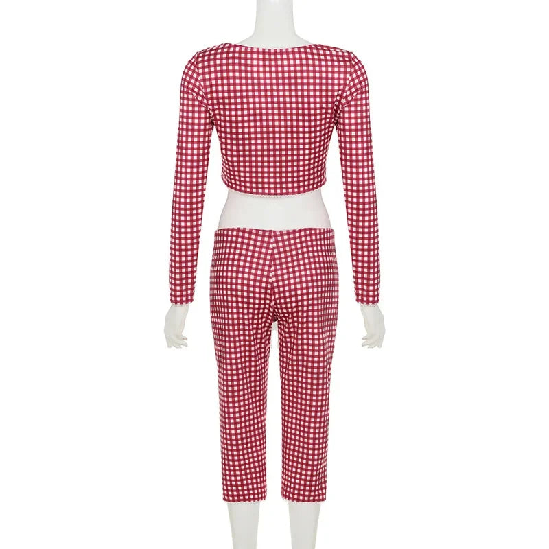 2025 New Women Red Plaid Print 2 Piece Set O-neck Full Sleeve Lace Up Cardigan Crop Tops + Knee Length Pencil Pants Casual Suit