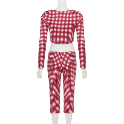 2025 New Women Red Plaid Print 2 Piece Set O-neck Full Sleeve Lace Up Cardigan Crop Tops + Knee Length Pencil Pants Casual Suit