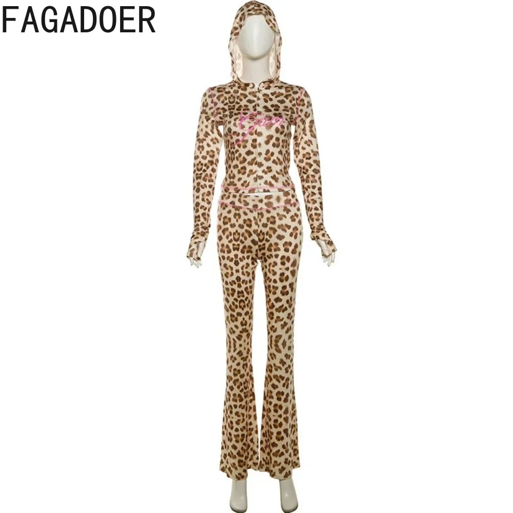 FAGADOER Sexy Leopard Print 2 Piece Sets Women Outfit Long Sleeve Zipper Hooded Crop Jacket + Flare Pants Suits Female Clothing