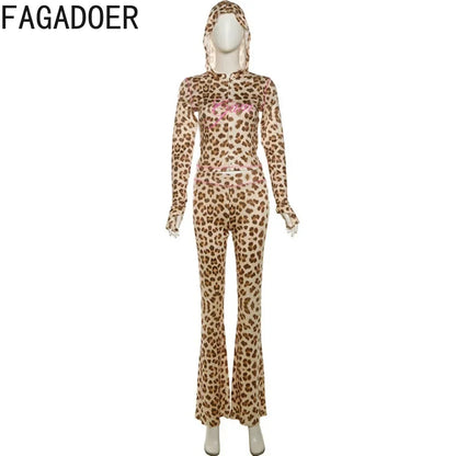 FAGADOER Sexy Leopard Print 2 Piece Sets Women Outfit Long Sleeve Zipper Hooded Crop Jacket + Flare Pants Suits Female Clothing