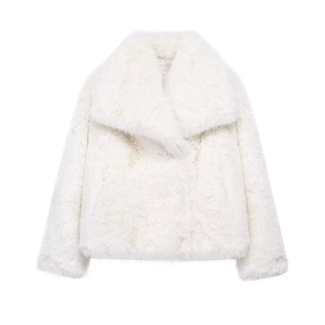 TRAFZA Female Vintage Artificial Fur Effect Coats Lapel Warm Plush Long Sleeves Hidden Buttons Autumn Winter Casual Outerwear