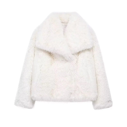 TRAFZA Female Vintage Artificial Fur Effect Coats Lapel Warm Plush Long Sleeves Hidden Buttons Autumn Winter Casual Outerwear