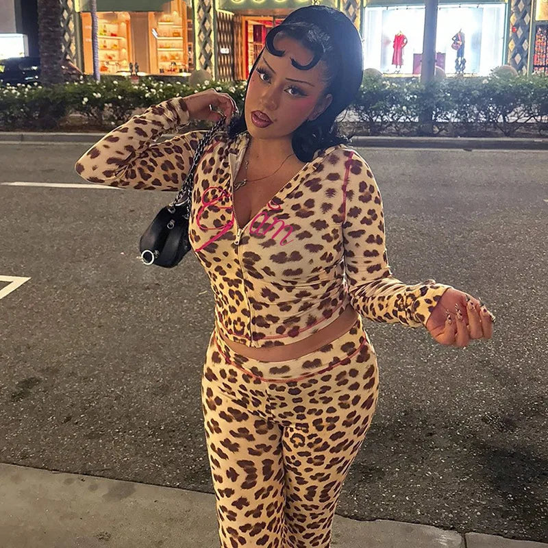 FAGADOER Sexy Leopard Print 2 Piece Sets Women Outfit Long Sleeve Zipper Hooded Crop Jacket + Flare Pants Suits Female Clothing