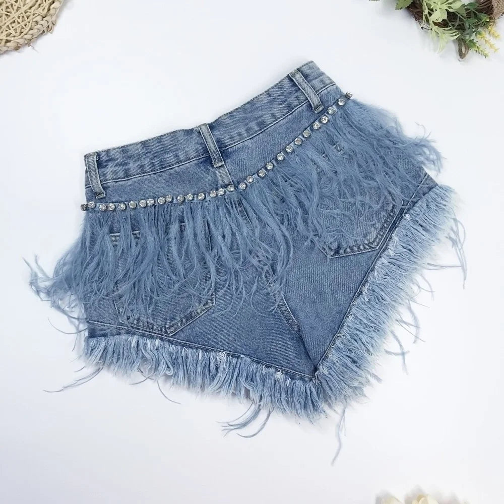 Rhinestone Beaded Exquisite Feather High Waist Denim for Women's Blue Jeans Shorts DS Nightclub Sexy Hot Pants Fashion