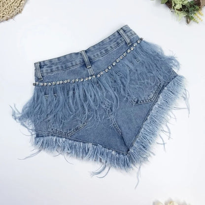 Rhinestone Beaded Exquisite Feather High Waist Denim for Women's Blue Jeans Shorts DS Nightclub Sexy Hot Pants Fashion