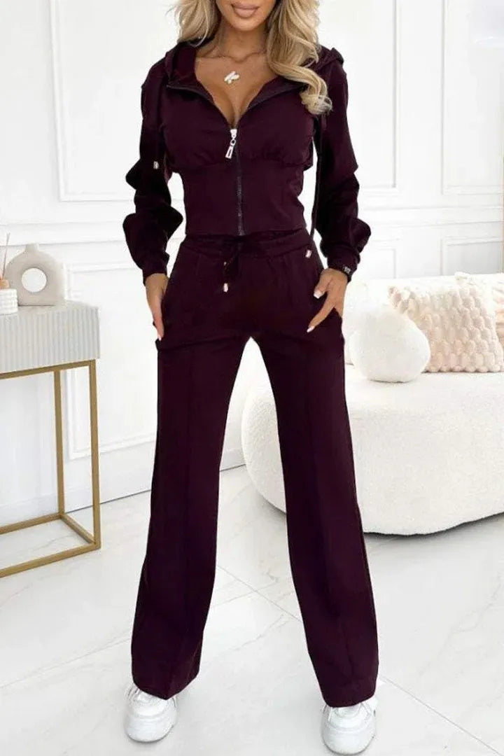 Autumn Casual Solid Sportswear Women Set Fashion Zipper Hooded Sweatshirts Coat & Lace-up Pants Tracksuit New Winter Suit Outfit
