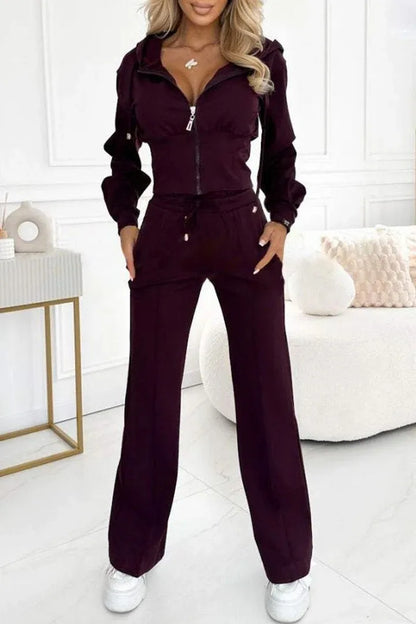 Autumn Casual Solid Sportswear Women Set Fashion Zipper Hooded Sweatshirts Coat & Lace-up Pants Tracksuit New Winter Suit Outfit