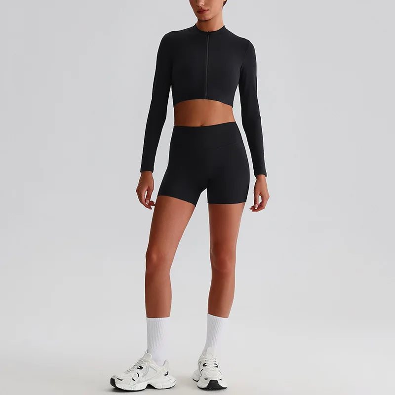 Customized LOGO Women's Skin-friendly Sports Yoga Clothing Slim Elastic Jacket Fitness Shorts Long Sleeve Two-piece Set