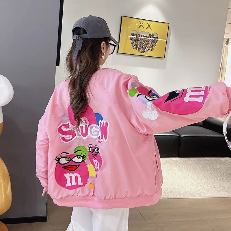 Cross-border Cartoon Embroidery Baseball Jacket For Men Women Casual Loose Fit Hip Hop Top Spring Autumn Letter Couple Jacket