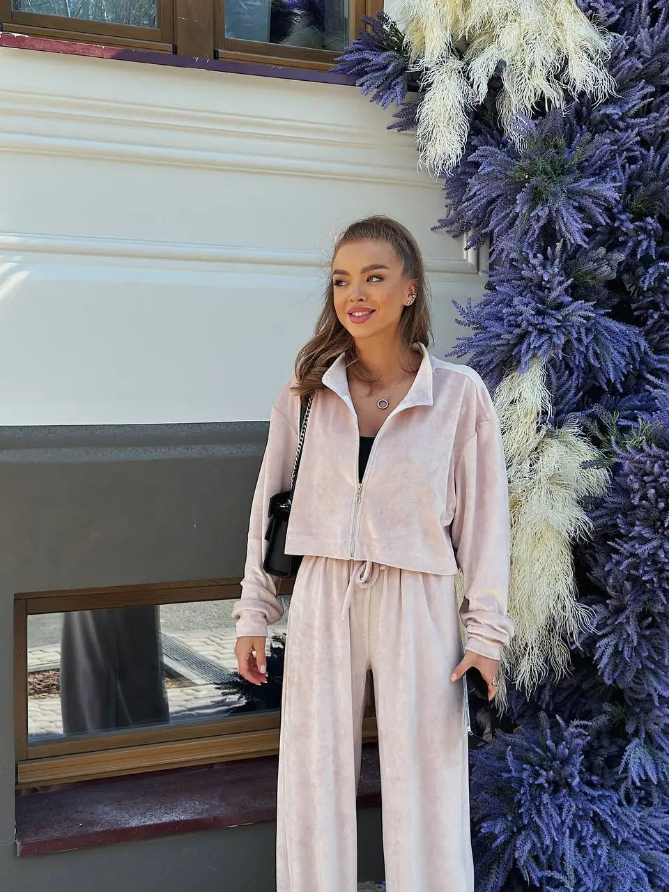 Autumn And Winter Long-sleeved Zipper Lapel Jacket Elastic Waist Wideleg Trousers Velvet Casual Two-Piece Suit For Office Ladies