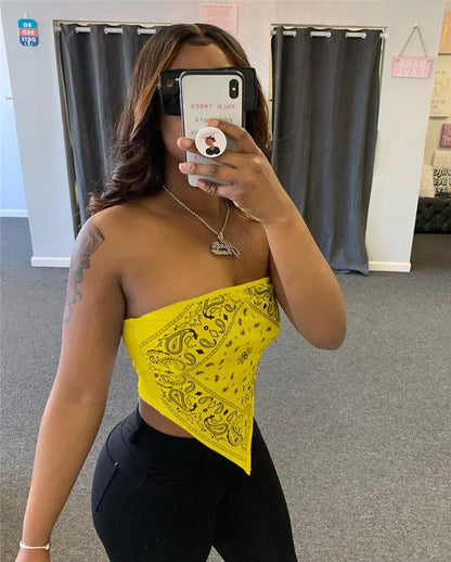 ANJAMANOR Cute Sexy Graphic Bandana Crop Top Women Clothing 2023 Summer Women Off Shoulder Backless Tank Tops D13-AI10