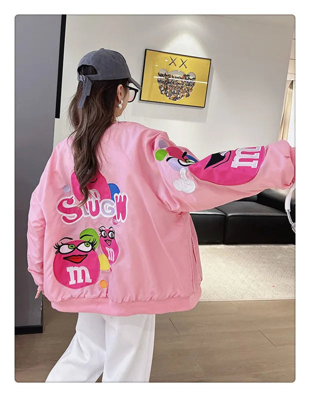 Cross-border Cartoon Embroidery Baseball Jacket For Men Women Casual Loose Fit Hip Hop Top Spring Autumn Letter Couple Jacket