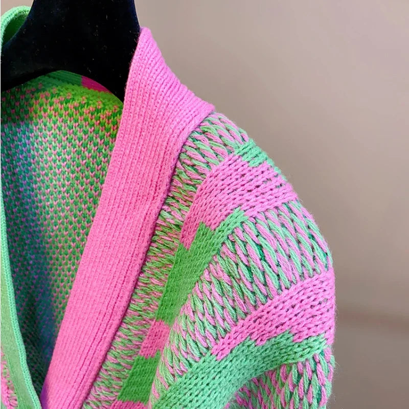 Women Color Block Green Crop Cardigan High Street Long Sleeve Knit Top Sweater Autumn Winter Korean Dongdaemun Fashion Trends