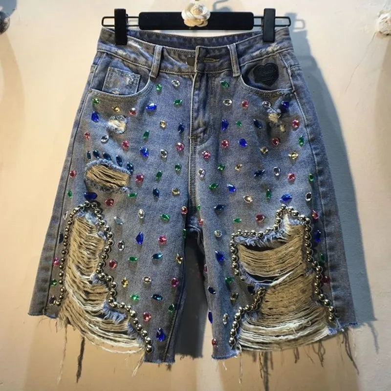 Diamond Beaded Denim Knee Length pants Woman 2025 Summer New Loose High Waist Slimming mid-pants Jeans women