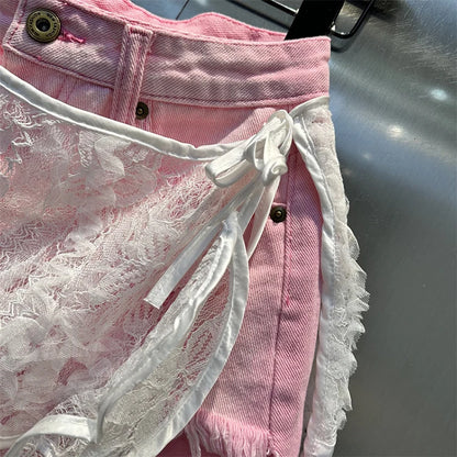Ruffle Leaf Edge Irregular Curtain Skirt Sweet A Line Skirt Lace Splicing Denim Shorts Street Hipster Denim Shorts Women