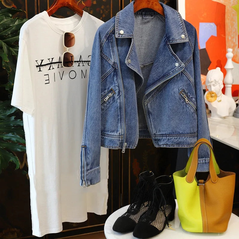 Fitaylor Spring Autumn Women Denim Jacket Casual Lady Moto Biker Coat Vintage Lapel Zipper Jacket