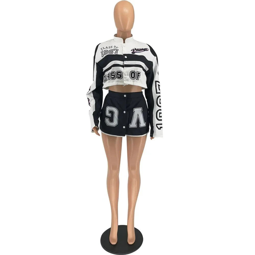HLJ Letter Print Two Piece Outfits 2023 Autumn Winter Casual Sporty Baseball Coat Skirts Suits Detachable Buttons Y2k Streetwear