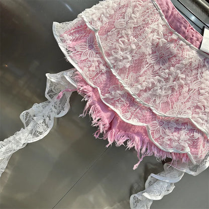 Ruffle Leaf Edge Irregular Curtain Skirt Sweet A Line Skirt Lace Splicing Denim Shorts Street Hipster Denim Shorts Women