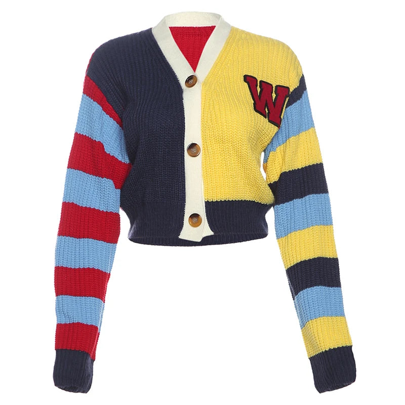 Weird Puss Y2K Cardigan Sweater Women Letter Print Casual Wild V-Neck Button Colorful Patchwork Street Trend Hipster Knit Coat