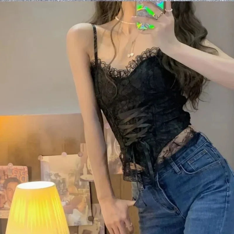 Y2K Sexy Crop Tops for Women Corset Lace Bandage Camisole Sleeveless Sling Tank Top Fashion Waistcoat Gift