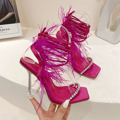 Eilyken Fashion Summer Rhinestone Feather Women Sandals Lace-up Cross-Tied Sexy Gladiator Square Toe Ladies High Heel Shoes