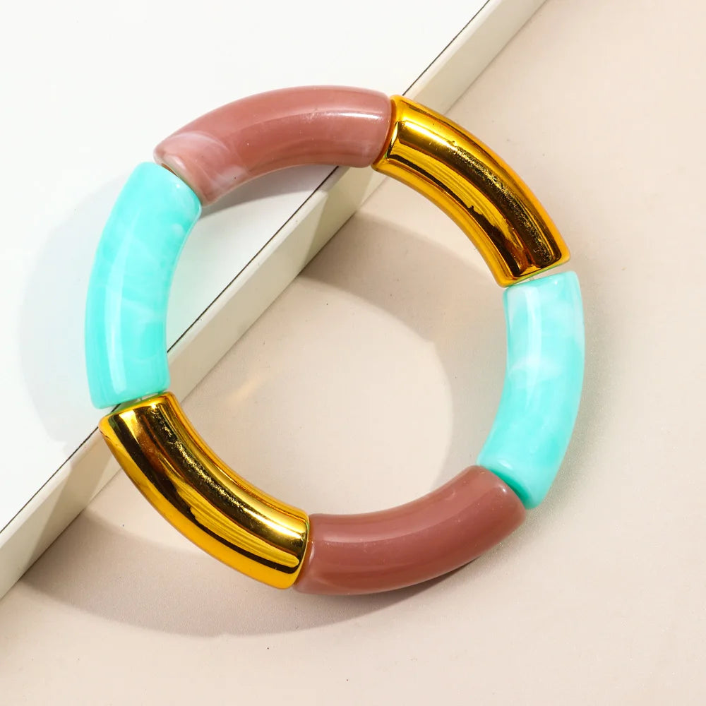 FishSheep Trendy Acrylic Stacked Bamboo Beads Bangles Bracelets for Women Bohemian Resin Elastic Beaded Bracelets Set Jewelry